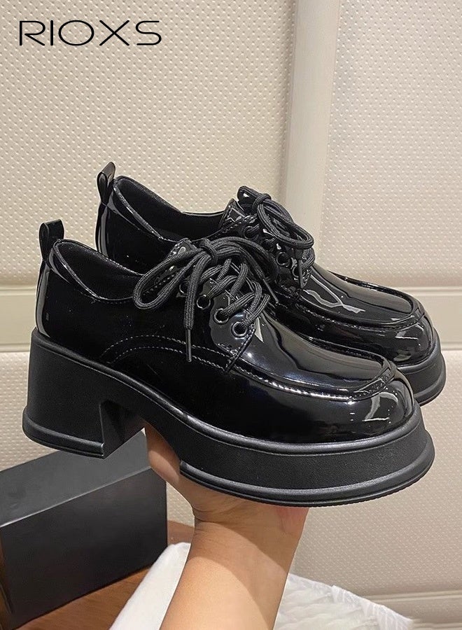 ريوكس حذاء نسائي سميك بكعب عالٍ من الجلد اللامع، حذاء أوكسفورد عصري بكعب عالٍ ورباط، حذاء مريح وناعم للارتداء اليومي، حذاء بكعب عالٍ ومقدمة مستديرة مانعة للانزلاق، مناسب للعمل والمناسبات الرسمية والمواعيد الغرامية والتخييم والارتداء اليومي وغير ذلك، لون أسود - Image 5